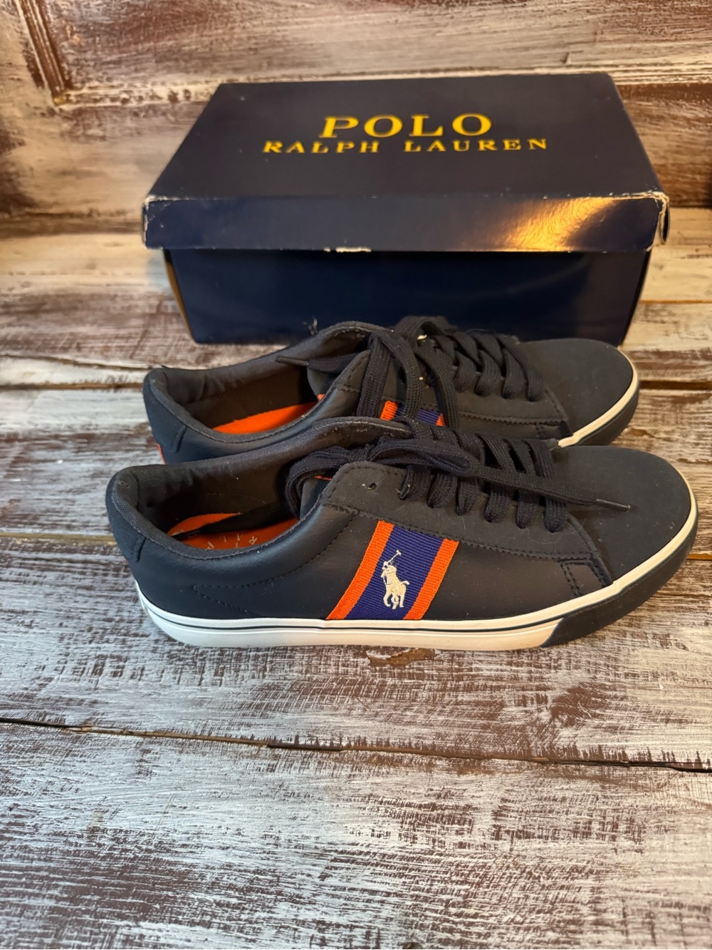 Polo by Ralph Lauren Navy Low-Top Sneakers with Orange Stripe
